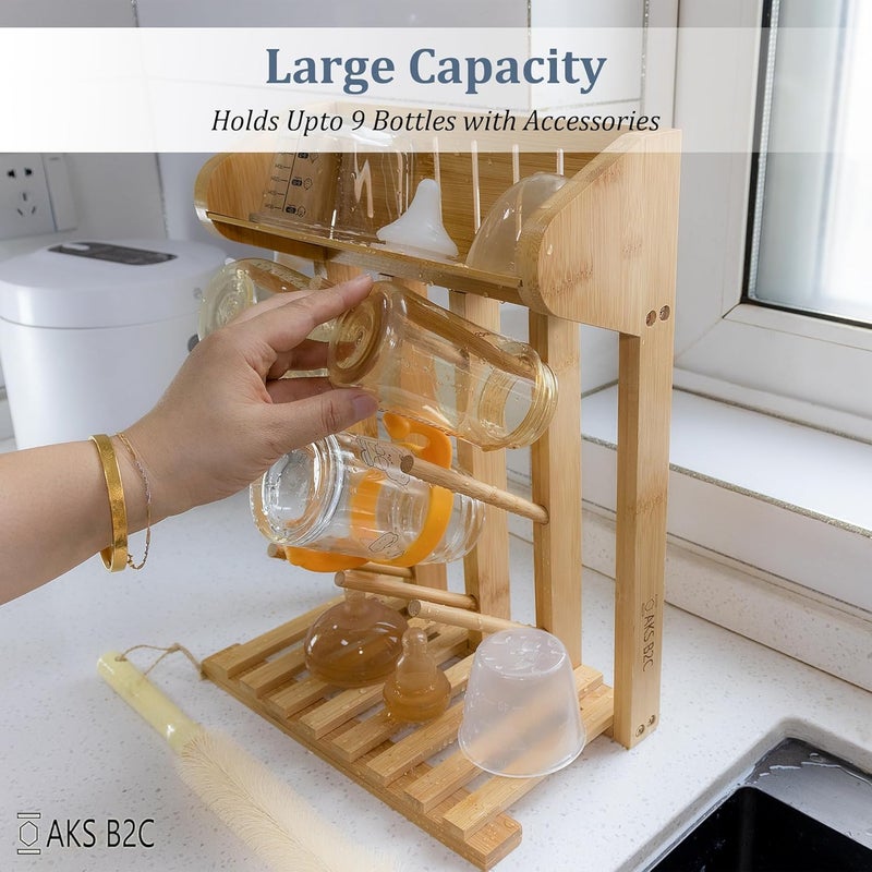 AKS B2C Bamboo Baby Bottle Drying Rack, Vertical Space Saving Kitchen Organizer, 9 Bottle Capacity, Countertop Storage Holder and Bottle Dryer with Draining Base (Comes with a Free Cleaning Brush) - Image 2